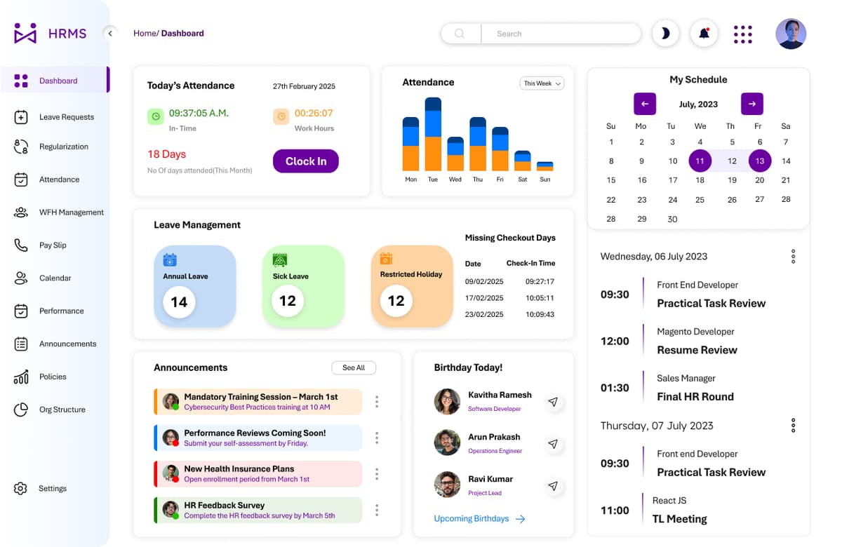 HRMS Dashboard Mockup